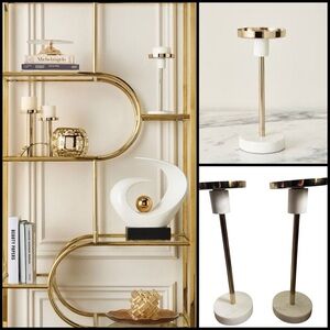 2 Global Luxe Pillar Marble Stone White & Gold  Modern Chic Candleholder 12”H